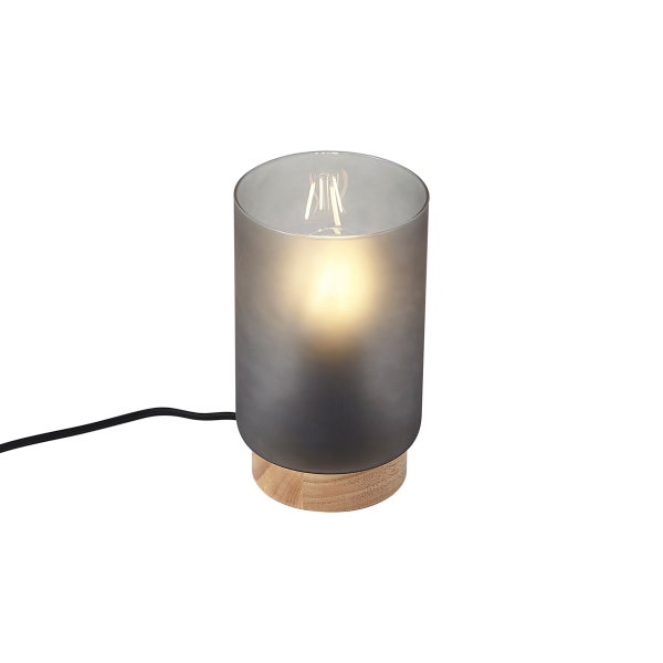 Tischleuchte mit zylindrischem Glasschirm und Sockel aus Holz