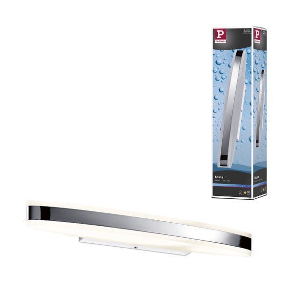 Paulmann LED Wandleuchte Kuma, länglich gebogen mit Metallleiste, spritzwassergeschützt, Paulmann Logo auf der Verpackung.