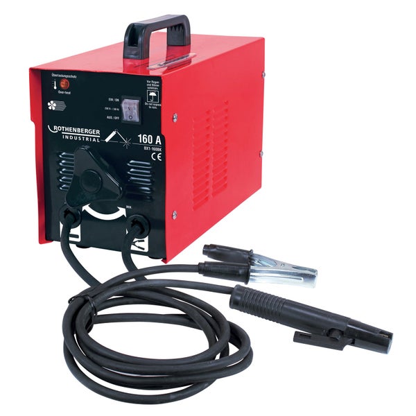 Rotes Rothenberger Industrial Elektrodenschweißgerät BX1-160BK, 160 Ampere, mit Tragegriff, Elektrodenhalter und Masseklemme.