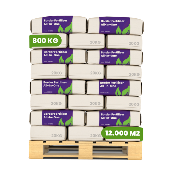 Palette mit Border-Dünger All-In-One, insgesamt 800 Kilogramm für 12.000 Quadratmeter.
