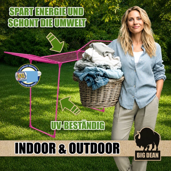 Frau mit Wäschekorb neben einem Wäscheständer von Big Dean im Garten, geeignet für Innen und Außen, UV-beständig und energiesparend.