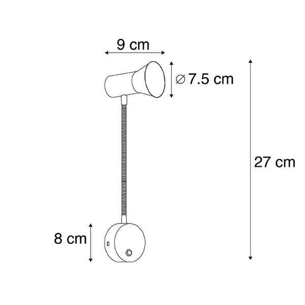 Technische Zeichnung einer Wandleuchte mit Flexarm und den Maßen 9, 7.5, 27 und 8 Zentimeter.