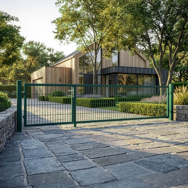 Doppelflügeltor aus Metall in einer modernen Gartenanlage vor einem Einfamilienhaus mit Holzfassade und Steinterrasse.