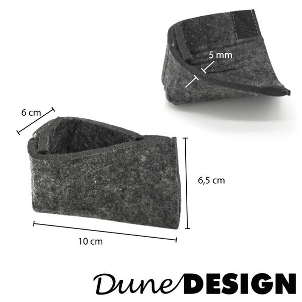 Dune Design Filz Kaminbesteckhalter mit Maßangaben 10 mal 6,5 mal 5 Zentimeter.