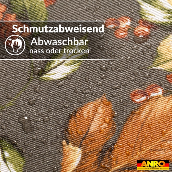 Schmutzabweisender und nass oder trocken abwaschbarer Stoff mit Wassertropfen. ANRO Logo.