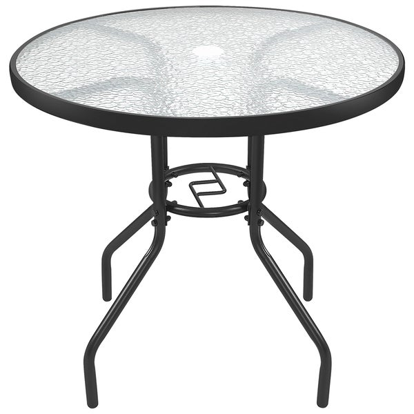 Runder Bistrotisch mit strukturierter Glasplatte und schwarzem Metallgestell.