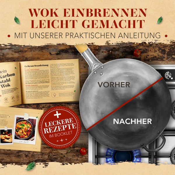 KRUSTENZAUBER 36cm Wokpfanne runder Boden - Traditionelle Stahlwokpfanne mit Wokwender u. Wokring - Wok Pfanne, Wok Induktion, Woklette, Wok Zubehör, Carbon Steel Wok Karbonstahl
