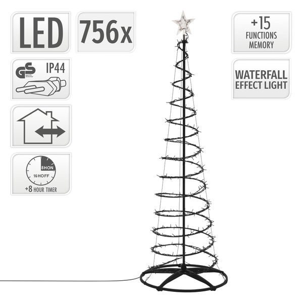 LED Lichterbaum als Weihnachtsbaum mit 756 LEDs, Waterfall Effekt, Timer und 15 Leuchtfunktionen für den Innen- und Außenbereich.