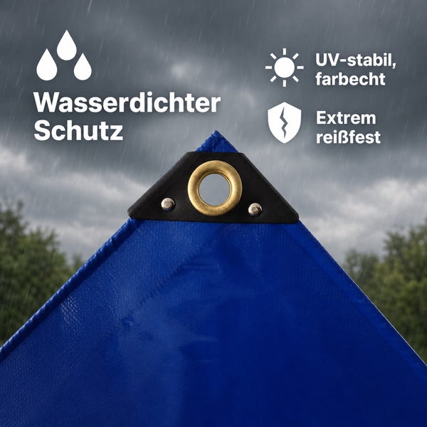 Wasserdichte Gewebeplane mit verstärkter Ecke und Metallöse, UV-beständig und extrem reißfest für zuverlässigen Schutz im Außenbereich.