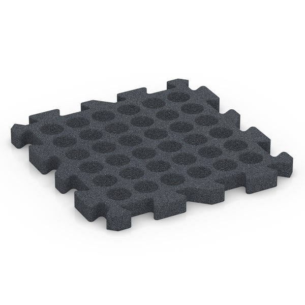 Fallschutzmatte aus Gummigranulat mit Puzzle-Verbindung und kreisförmigen Vertiefungen für Spielplätze.