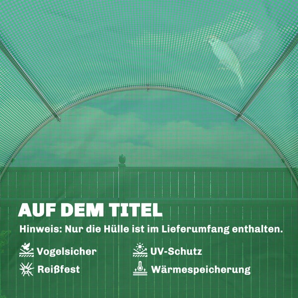 Grüne Gewächshausfolie mit Vogelschutz, Ultraviolett-Schutz, Reißfestigkeit und Wärmespeicherung. Nur die Hülle ist im Lieferumfang enthalten.