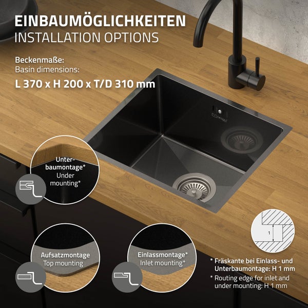 ML-Design Spülbecken Edelstahl 34x40 cm Anthrazit, Küchenspüle eckig, 1 Becken, Einbauspüle Unterbauspüle, Edelstahlspüle mit Ab- und Überlaufgarnitur, Einzelbecken mit Siphon, Waschbecken Küche Spüle