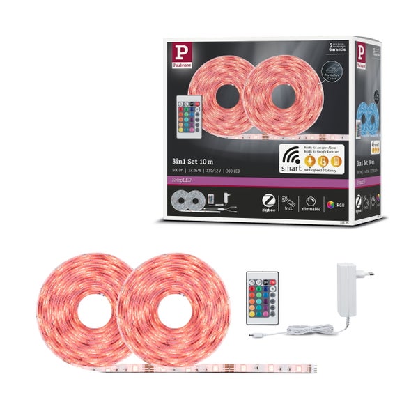 LED Streifen Set inklusive Netzteil und Fernbedienung mit einer Gesamtlänge von 750 Zentimetern und 5 Jahren Garantie.