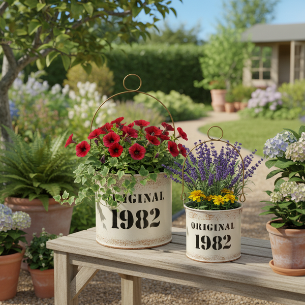 Zwei Vintage-Metallpflanztöpfe mit Henkeln und der Aufschrift Original 1982 auf einer Holzbank in einem hellen, geordneten Garten.