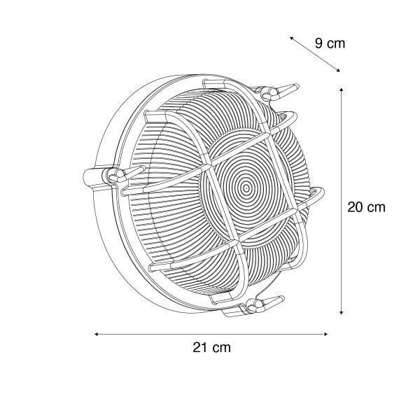 Maßzeichnung einer runden Wandleuchte mit Schutzkorb, Breite 21 Zentimeter, Höhe 20 Zentimeter, Tiefe 9 Zentimeter.