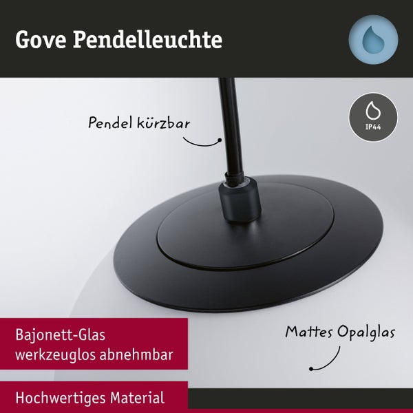 Gove Pendelleuchte mit mattem Opalglas, werkzeuglos abnehmbarem Bajonettverschluss, kürzbarem Pendel und Spritzwasserschutz.