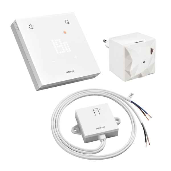 Netatmo smartes Thermostat Set mit digitalem Display, Funk-Relais und Anschlussmodul für Heizsysteme.