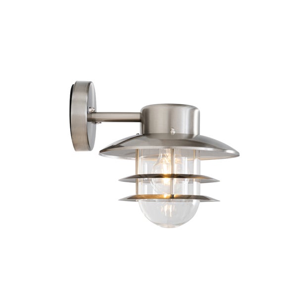 Außenwandleuchte aus Edelstahl mit klarem Glas und horizontalen Lamellen.