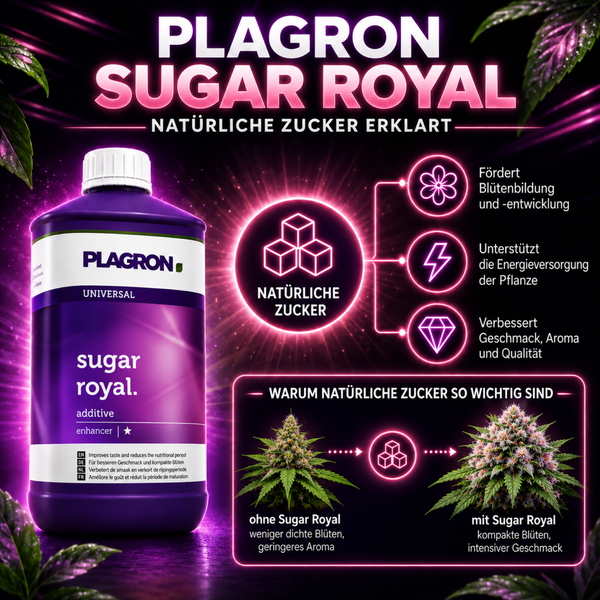 Plagron Sugar Royal Pflanzendünger zur Förderung der Blütenbildung und Verbesserung von Geschmack und Aroma bei Pflanzen.