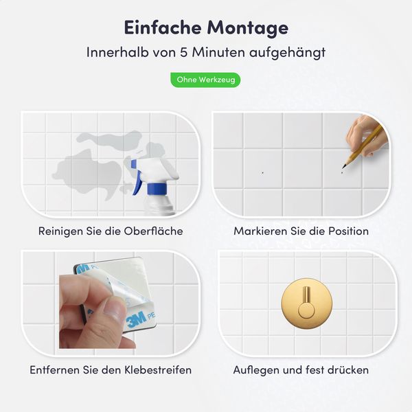 Anleitung zur Montage eines selbstklebenden Wandhakens auf Fliesen in vier Schritten: Reinigen, Markieren, Klebestreifen abziehen und Festdrücken.
