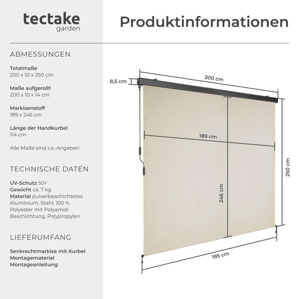 Technische Zeichnung einer tectake Senkrechtmarkise mit Kurbel und Größenangaben