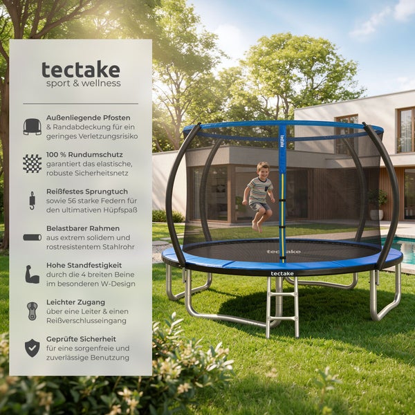 Gartentrampolin mit Sicherheitsnetz, Leiter und W-förmigen Standfüßen im Garten mit einem springenden Kind. tectake Logo.