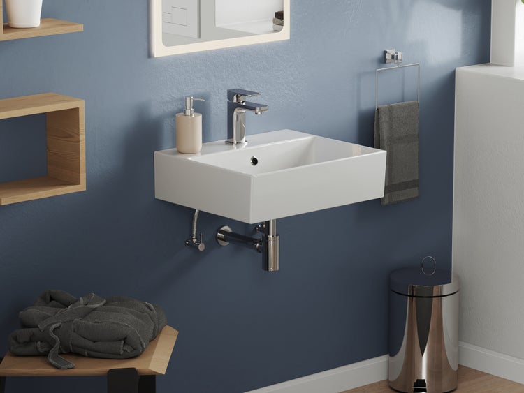 Aqua Bagno Loft KS.50 Waschtisch 50x42 cm – Keramik, Weiß Hochglanz, mit Hahnloch & Überlauf, wandhängend oder als Aufsatzwaschbecken