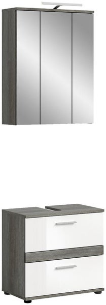 Badezimmermöbel-Set bestehend aus einem dreitürigen Spiegelschrank mit LED-Beleuchtung und einem Waschbeckenunterschrank mit zwei Schubladen.