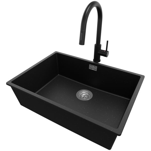 PRIMAGRAN Unterbauspüle Granit Schwarz Metallic 66x47cm, Spülbecken 1 Becken + Küchenarmatur 40x20cm + Ablauf-Set, Granitspüle ab 70er Unterschrank - London