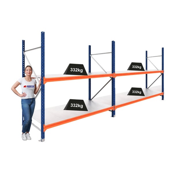 Weitspannregal aus Metall in Blau und Orange, 2 Ebenen mit einer Tragkraft von je 332 Kilogramm, mit einer Person als Größenvergleich.