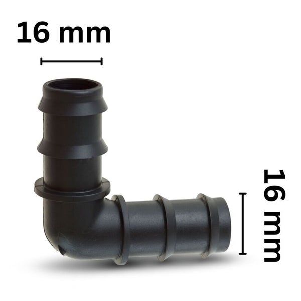 Winkelverbinder für Bewässerungsschläuche, 16 Millimeter, schwarz, Kunststoff.