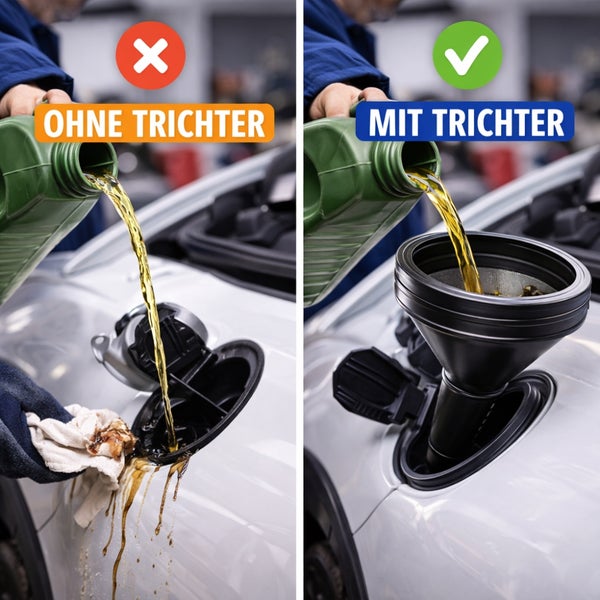 Vergleichsbild: Öl nachfüllen mit und ohne Trichter