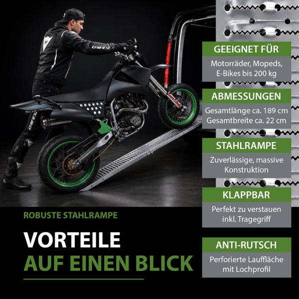 Klappbare Stahlrampe für Motorräder bis 200 Kilogramm. Maße circa 189 mal 22 Zentimeter, mit perforierter Anti-Rutsch-Oberfläche und Tragegriff.