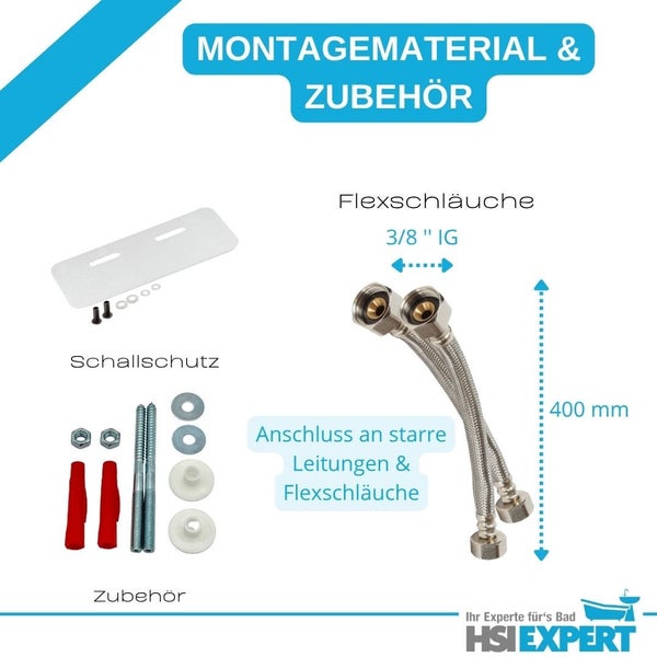 Montagematerial und Zubehör für den Anschluss an starre Leitungen und Flexschläuche, inklusive Flexschläuche 3/8 Zoll, Schallschutz