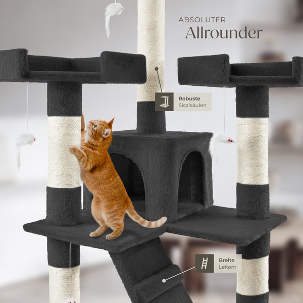 Kratzbaum tectake Barney inklusive 2 Treppen, 4 Spielmäusen und Kippschutz 170 cm schwarz