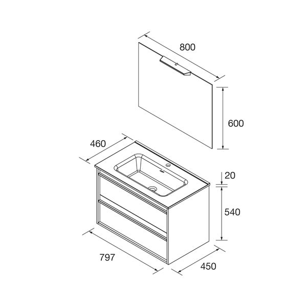 Maßzeichnung Badmöbel-Set: Spiegel (800 mal 600 Millimeter) und Waschtischunterschrank mit zwei Schubladen (797 mal 450 mal 540 Millimeter).