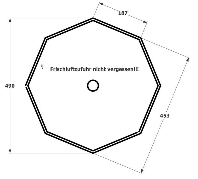 Technische Zeichnung eines achteckigen Pavillons mit Maßangaben