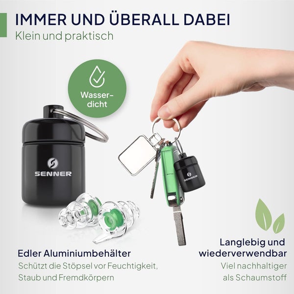 Senner MusicPro - Gehörschutz Ohrstöpsel Konzert, Festival, Musik und Party - Gehörschutz für Musiker, mit Schlüsselanhänger - Hi-Fi Gehörschutzstöpsel Earplugs | SNR 19 dB, transparent/grün