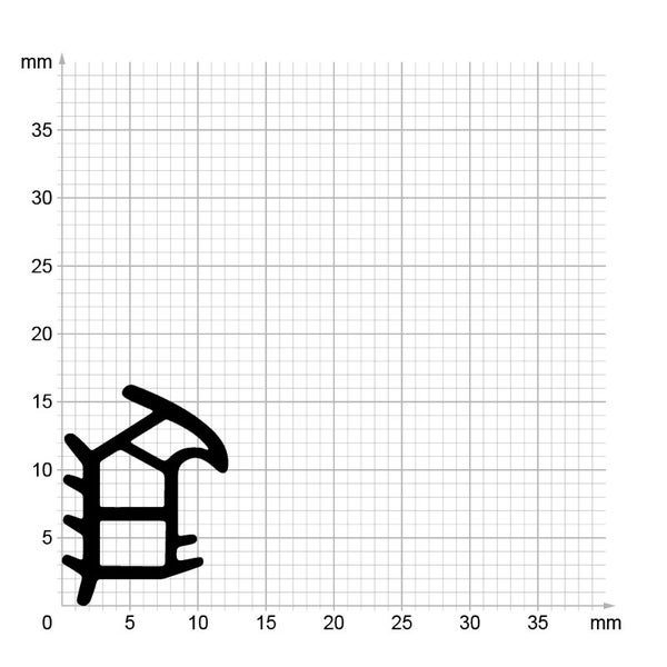 Querschnitt einer Dichtung für Fenster oder Türen auf Millimeterpapier dargestellt zur genauen Bemaßung.