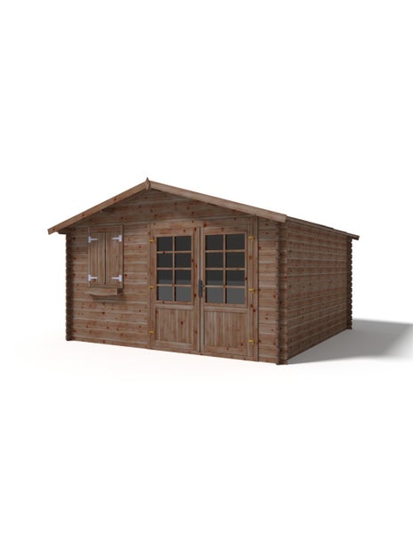 Gartenhaus aus Holz mit Satteldach, Doppeltür mit Fenstern, Fenster mit Klappläden und Blumenkasten. Blockbohlenhaus.
