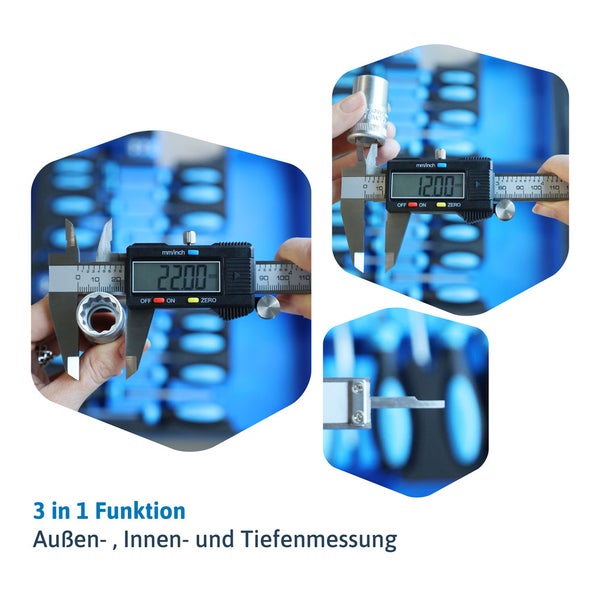 Digitaler Messschieber zeigt drei Messfunktionen: Außenmessung, Innenmessung und Tiefenmessung an einem Metallwerkstück.