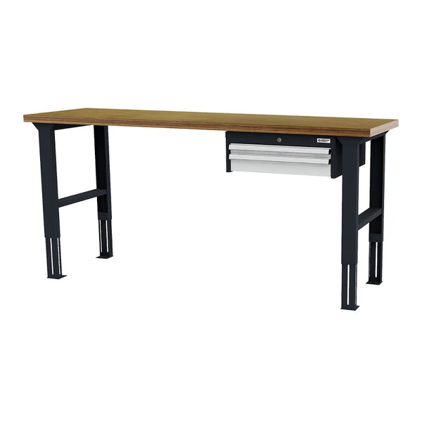 Werkbank mit brauner Holzplatte, zwei silbernen Schubladen und höhenverstellbaren schwarzen Metallbeinen.