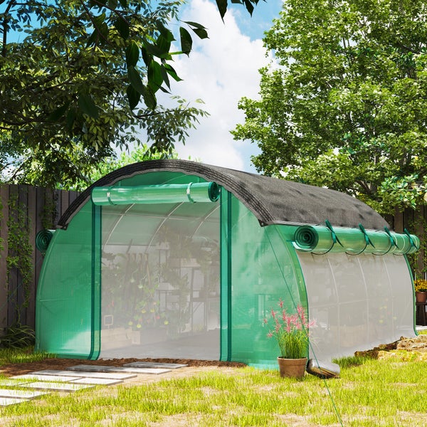 Outsunny Gewächshaus 4 x 3 x 2 m Foliengewächshaus mit 8 Fenster, Rolltüren, Aufrollbar Seitenwänden, UV-beständiger Folientunnel, Winterfest Tomatenhaus mit Erdanker, Grün