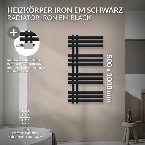LuxeBath Badheizkörper IronEM 500x1000mm Schwarz matt Mittelanschluss Anschlussgarnitur Chrom Thermostat Universal Eck- und Durchgangsform Heizkörper Handtuchwärmer Handtuchtrockner Handtuchheizkörper