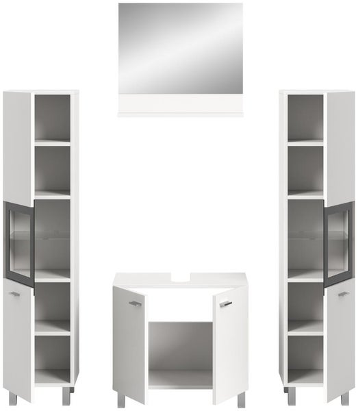 Modernes Badmöbel-Set in Weiß, bestehend aus Spiegel mit Ablage, Waschtischunterschrank und zwei Hochschränken mit Regalfächern und Glaseinsätzen.