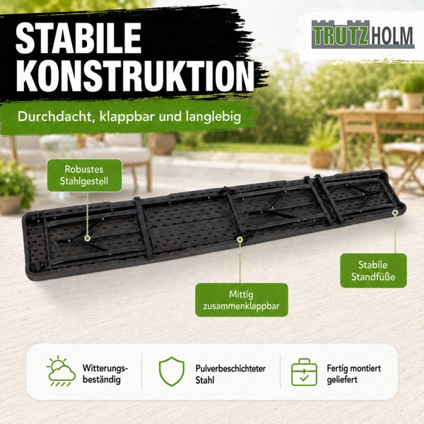 Trutzholm Klapptisch mit robustem Stahlgestell und klappbarer Tischplatte, wetterbeständig und pulverbeschichtet, fertig montiert geliefert.