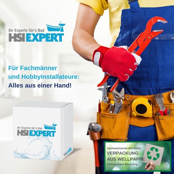 Handwerker mit Werkzeug und HSI Expert Verpackung