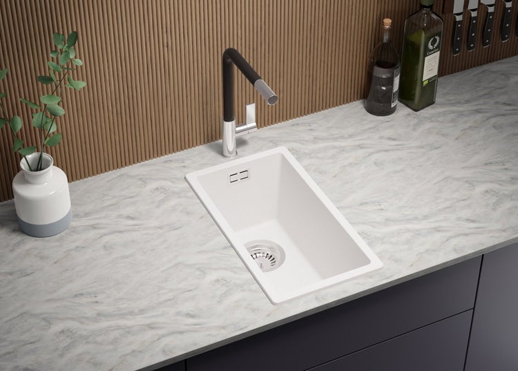 PRIMAGRAN Granitspüle Weiß 26x47cm, Spülbecken 1 Becken + Küchenarmatur 40x20cm + Ablauf-Set, Küchenspüle ab 30er Unterschrank - London Slim