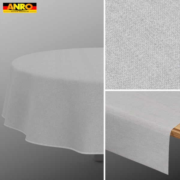 Graue Tischdecke aus Stoff mit Struktur, ANRO Logo.