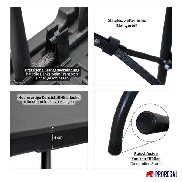 Detailansicht einer Festzeltgarnitur mit stabilem Stahlgestell, praktischer Stangenverbindung und rutschfesten Kunststofffüßen